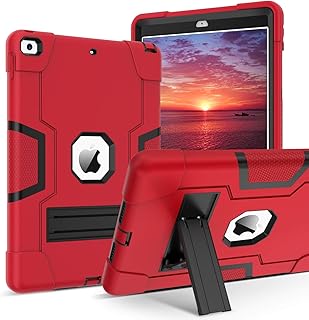 iPad 10.2 Case 2021 9th Generation, iPad 8th/7th Generation Case 2020/2019,DUEDUE Kickstand Shockproof 3 in 1 Heavy Duty Hybrid Hard PC Cover Anti-Slip Rugged Full Protective Case for New iPad 10.2 for Women Girls Kids, Black/Red