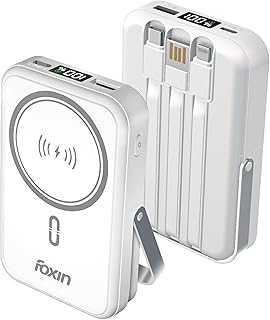 Foxin All-in-One Mag Pro 10000mAh Magnetic Wireless Power Bank | 22.5W Fast Charging, MagSafe & Wireless Charging for Android & iPhone 12 & Above | Built-in Cables | Stand | BIS Certified | White