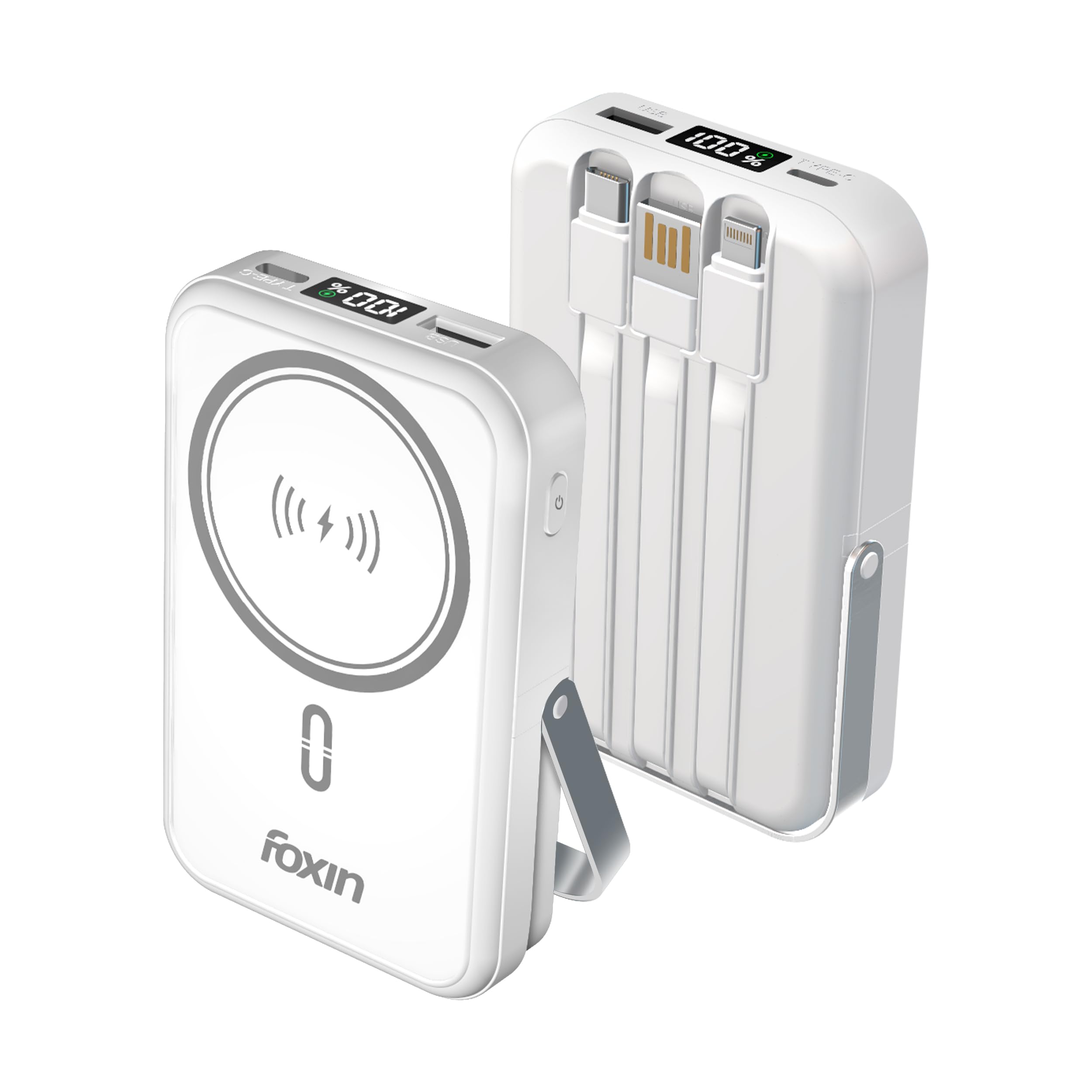 Foxin All-in-One Mag Pro Wireless Power Bank 10000 mAh - Magsafe Powerbank for iPhone with Built-in Cables, Adjustable Metallic Stand & Digital LED Display - BIS Certified | 22.5W, White-image-24