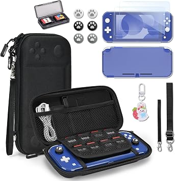 Younik Switch Lite Case, Portable Switch Lite Carrying Case, 14 in 1 Accessories Bundle with Carrying Case, Protective Cover, Game Card Case, Screen Protectors, Thumb Grips, Pendant and Straps Black