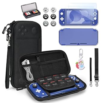 Younik Switch Lite Case, Portable Switch Lite Carrying Case, 14 in 1 Accessories Kit with Carrying Case, Protective Cover, Game Card Case, Screen Protectors, Thumb Grips, Pendant and straps Black | Bundle with Carrying Case, Protective Cover, Game Card Case, Screen Protectors, Thumb Grips, Pendant and Straps, Black