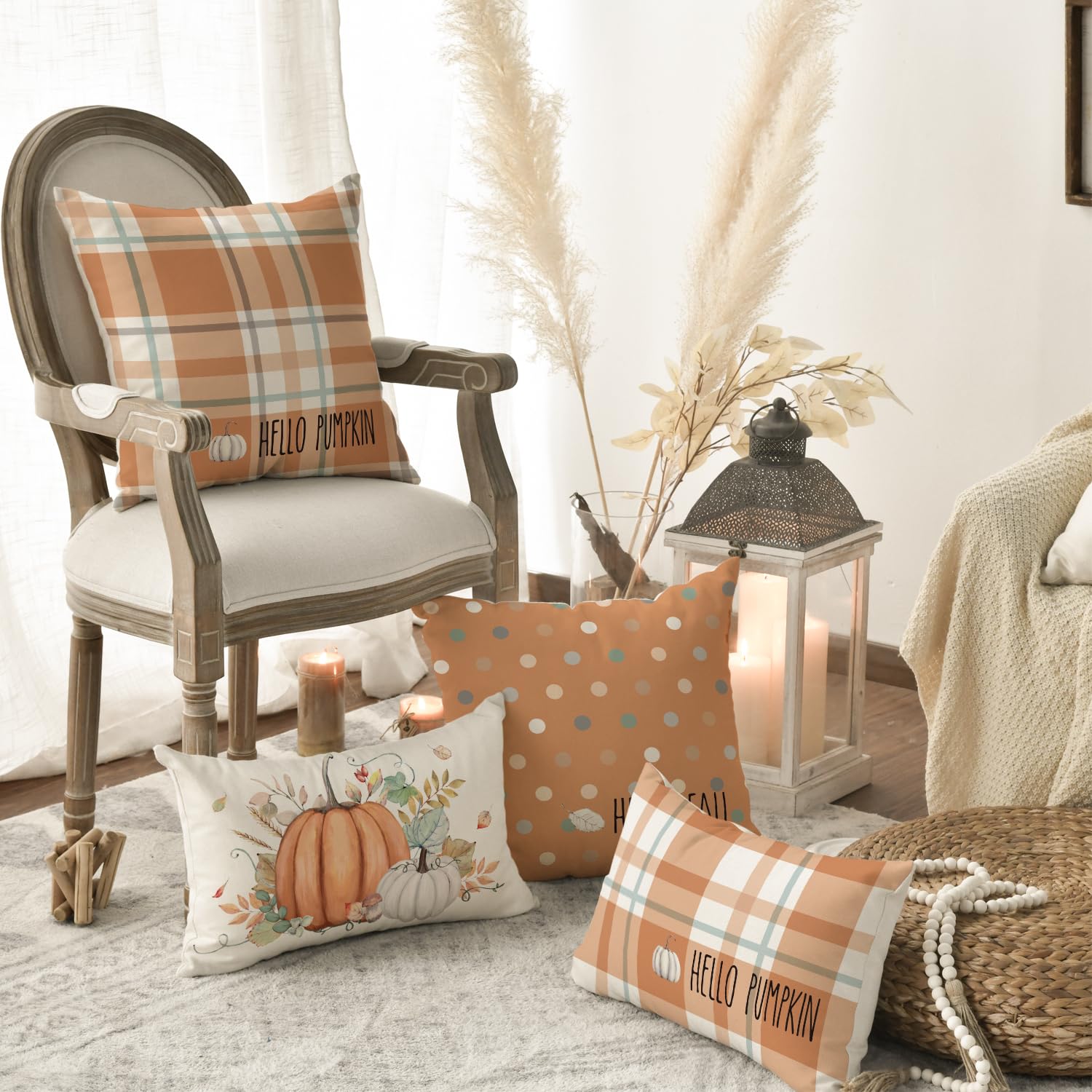 Housses De Coussin Automne Lot De 2 - Motif Citrouilles Et Eucalyptus - 30x50 Cm - Polyester Doux - Pour Salon, Canapé, Déco Saisonnière - 9