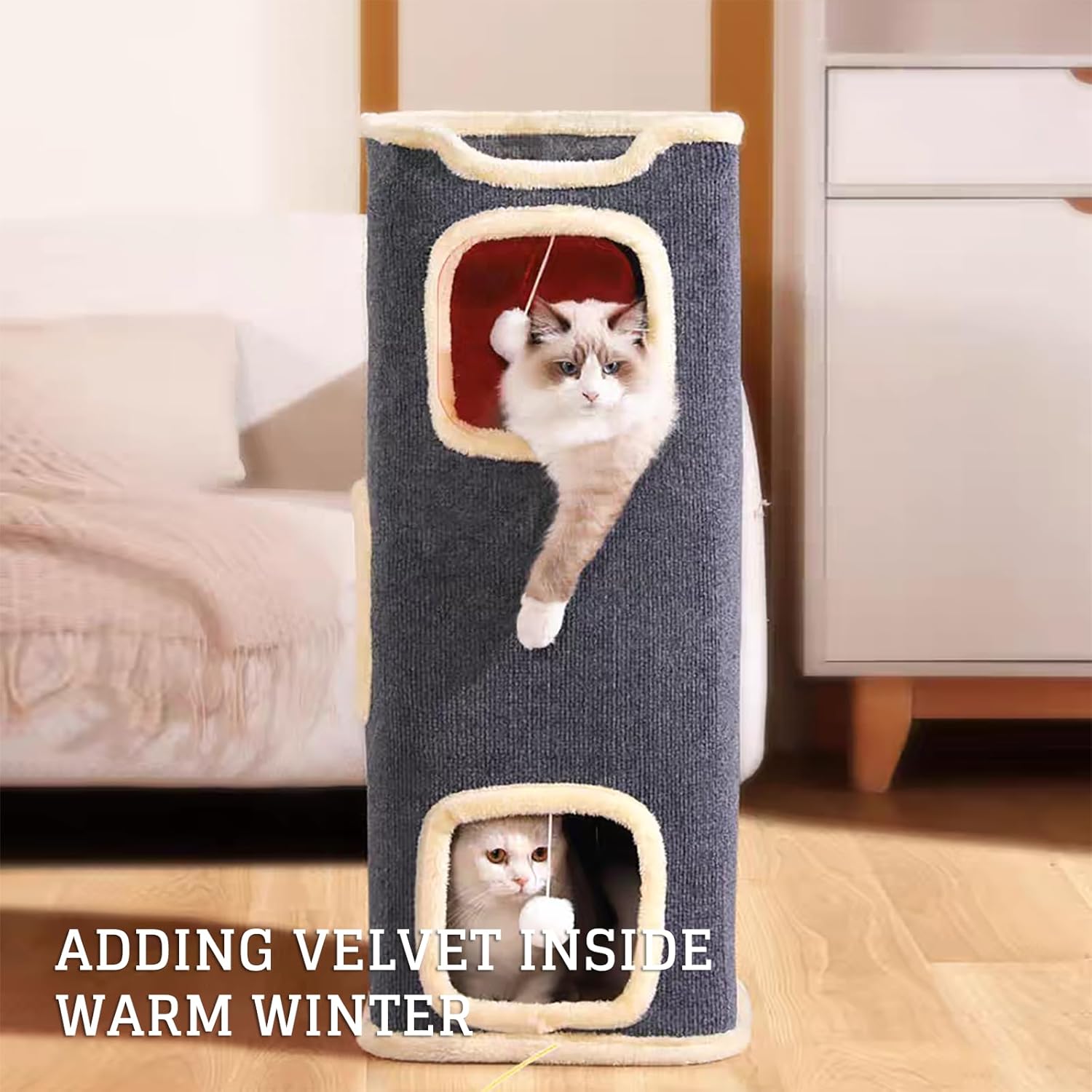 Cat Villa Cat House,Cat House Soft and Durable Multi-Level Cat Villa Cozy Sisal Cat Tower with Scratching Post,Warm Condo Nest for Sleep,Rest Play Ideal for All Seasons (Gray, Large)