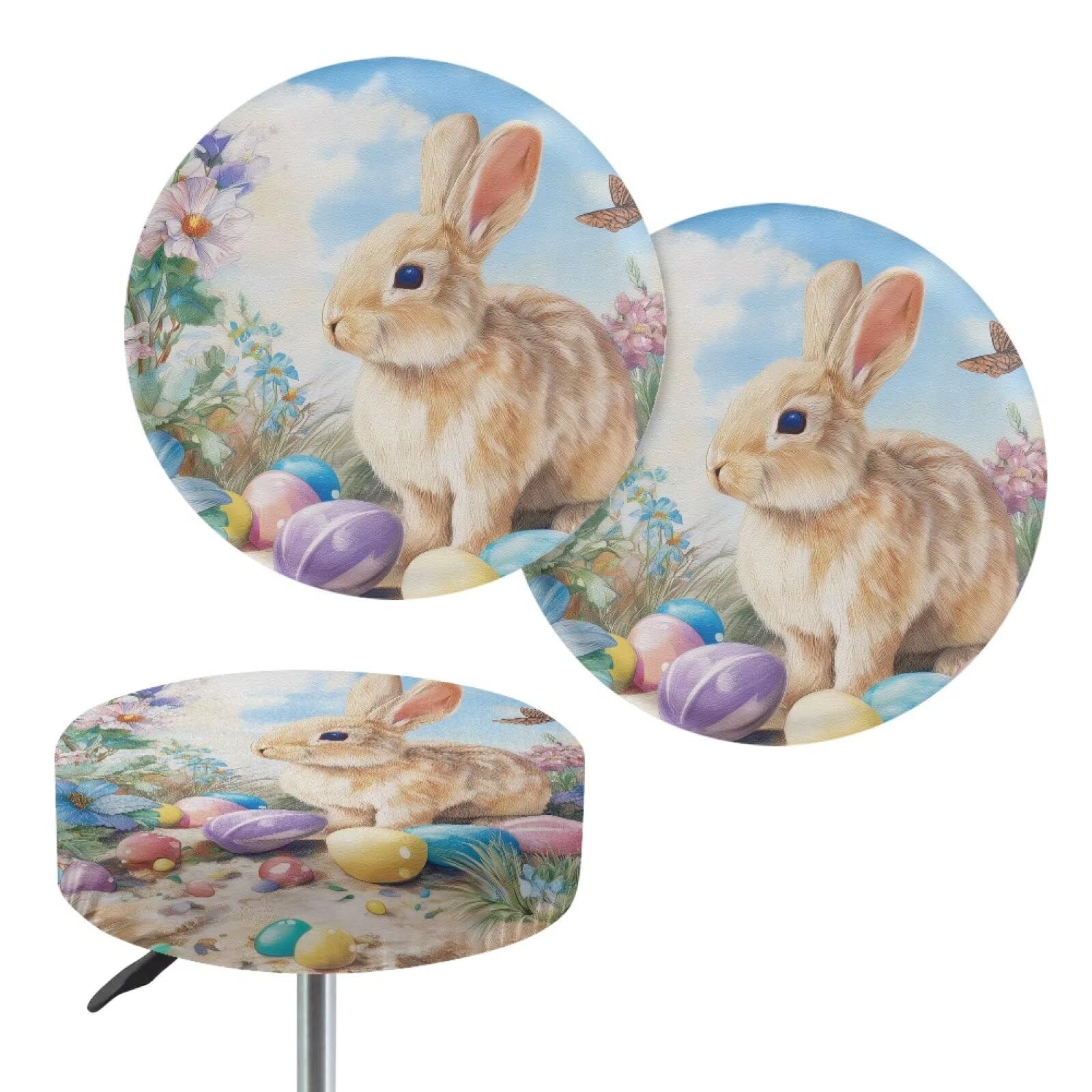 Wanyint Bar Stool Covers 14"-16" Irish Round Bar Stool Seat Slipcover Stretch Washable Bathroom Vanity Seat Stool Covers for Home Office Easter Decor, 2 Count, Retro Bunny Egg Blue Sky — image 1