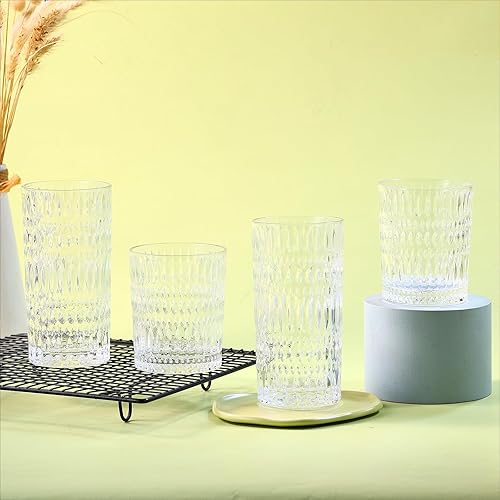 Miniatura 6 de Glassware - Juego de 8 vasos altos de 14 onzas y vasos de vidrio acanalado de 10 onzas, cristalería vintage para agua, jugo, cóctel, whisky