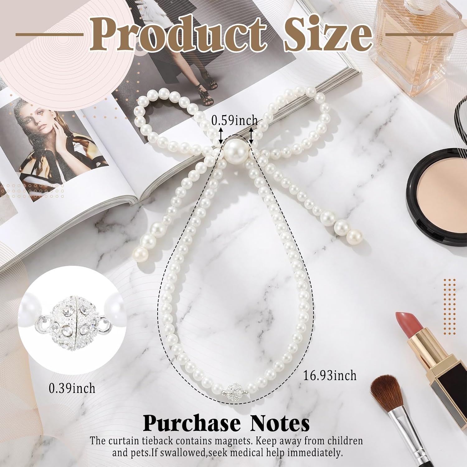 Lewtemi 2 Pcs Pearl Bow Magnetic Curtain Tiebacks Decorative Curtain Holdbacks No Drill for Mother's Day Home Outdoor Bedroom Office (Bowknot)