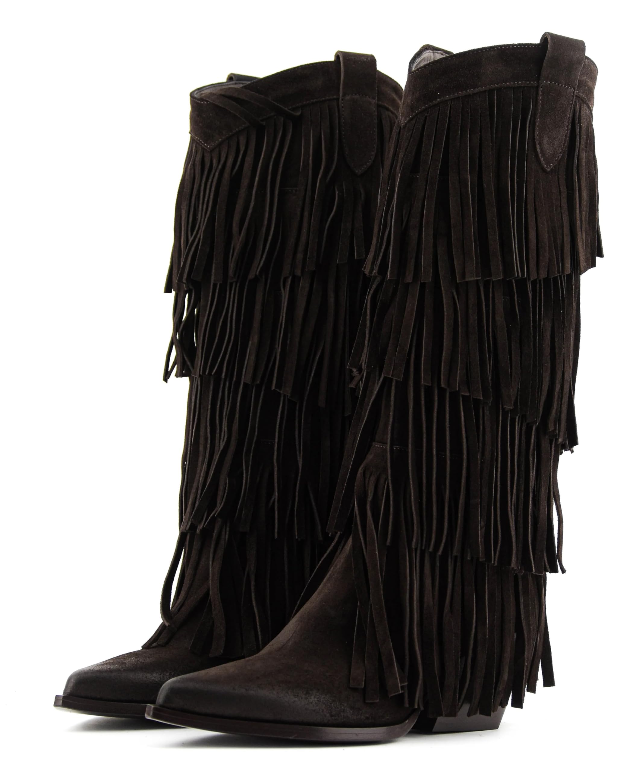 SOVANYOU Cowboy Boots for Women Fringe Cowgirl Boots Knee High Pointed Toe Tall Western Chunky Heel Womens Cowboy