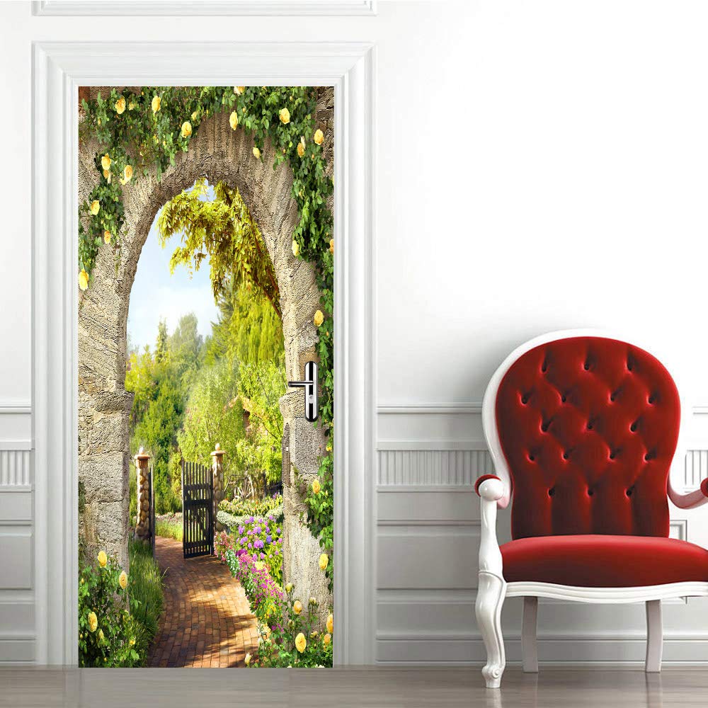 Sticker porte trompe l'oeil 3d 63x205 cm en papier peint PVC imperméable vert