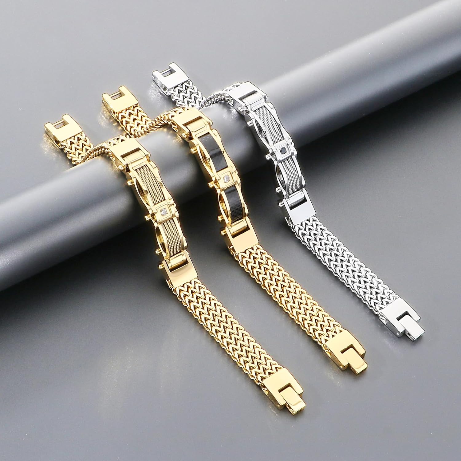 Gold Stainless Steel Bracelet for Men with Cubic Zirconia, Cuban Franco Link Chain Gift for Him, Upgraded Clasp Gold Silver Black