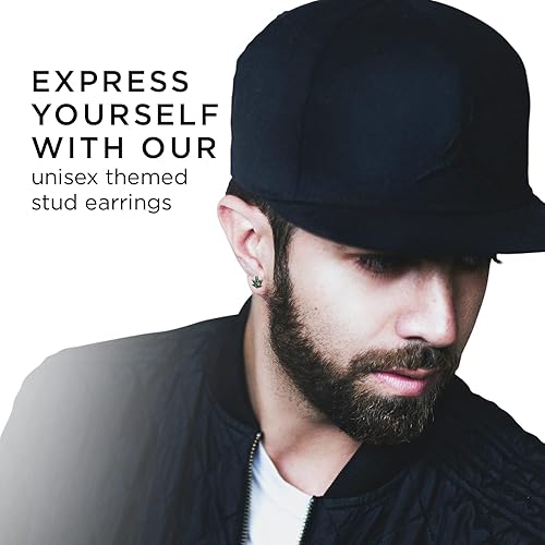 Miniatura 7 de Pierce2GO Aretes tipo dormilona de acero inoxidable con símbolo 420, hoja de maceta verde, aretes de acero quirúrgico para mujeres y hombres, juego