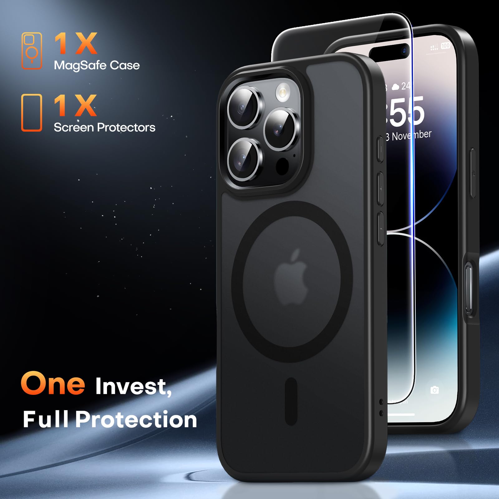 TAURI Magnetica Cover per iPhone 14 Pro [Compatibile con MagSafe] con Pellicola in Vetro Temperato, Custodia Rigida per Sottile Anticaduta - Nero Opaco