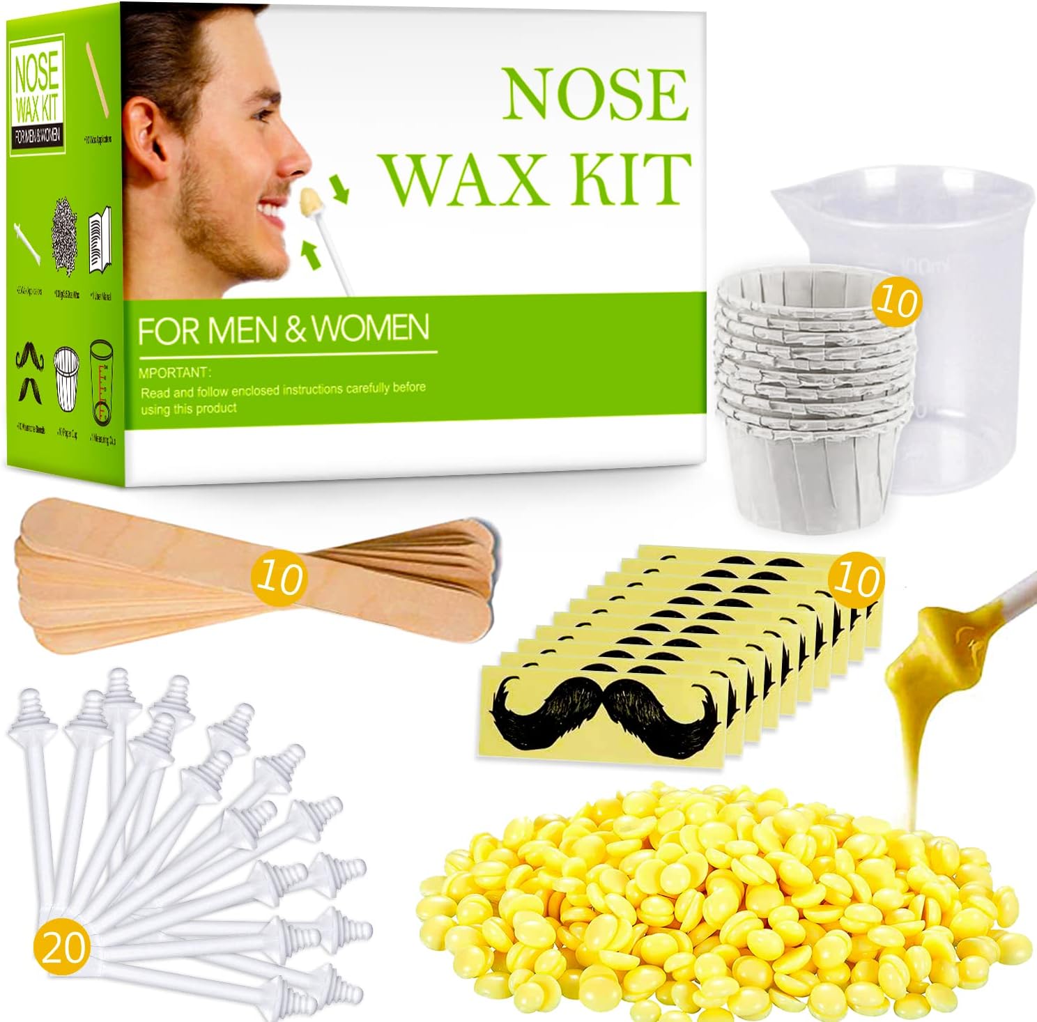 Nose Wax Kit,Nose Hair Removal Kit with 100g Wax Bead 20 Safe Tip Applicator,10 Containers and 10 Moustache Stencils Safe, Nose Waxing Kit for Men and Women Easy, Quick and Painless Christmas Gift