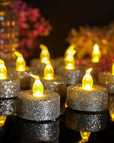Miniatura 8 de Velas de té negras con temporizador, velas brillantes con purpurina, funcionan con pilas para vacaciones, eventos, decoraciones de Halloween,