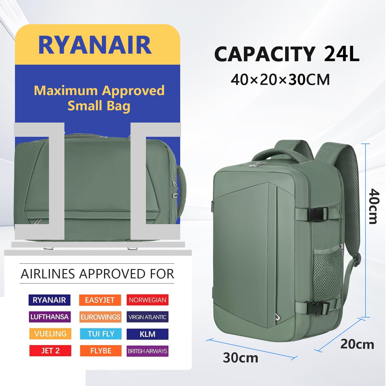 KIRFEIHT Bagage Cabine 40x30x20 24L pour Ryanair - Sac a Dos de Voyage pour Compagnies Aériennes - Sacoche pour Ordinateur Portable - Vert