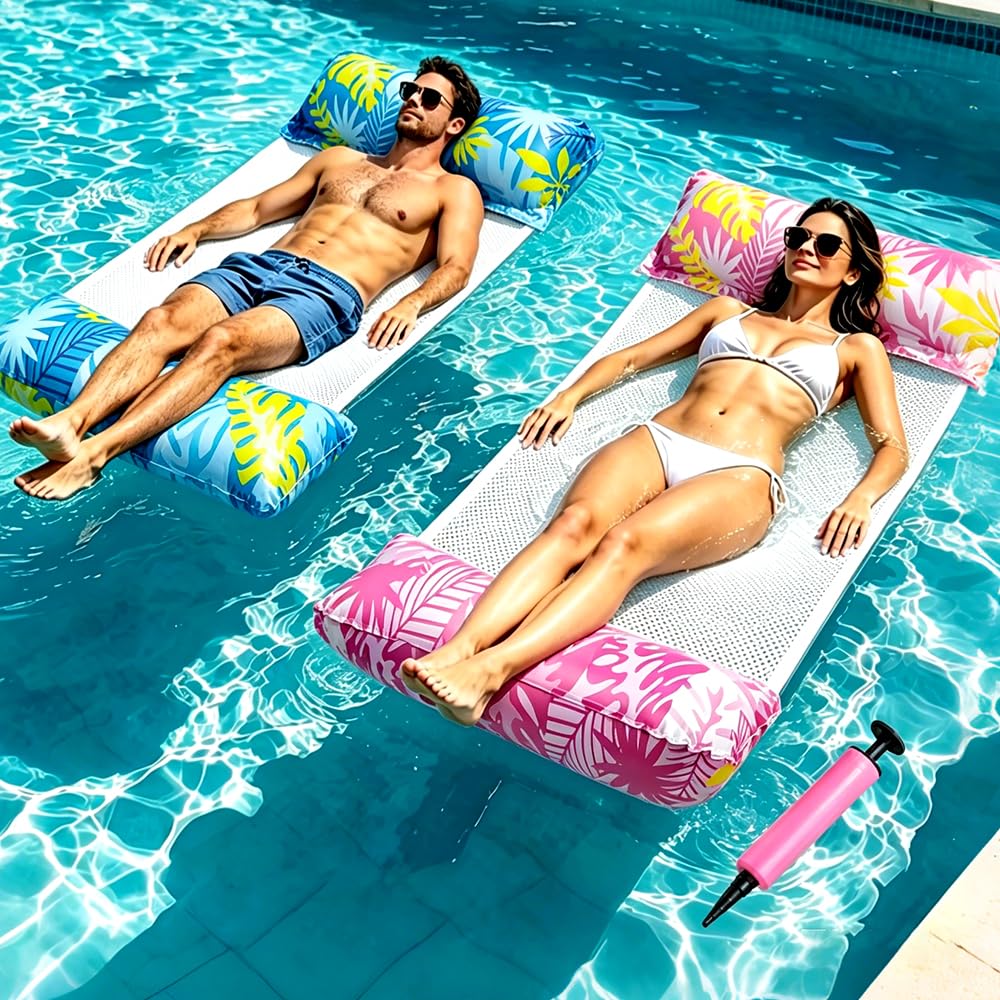 Pool Float Water Hammock, Water Floating Chair with Air Pump, Multi Purpose Inflatable Lounge Floaties, Pool Water Hammock for Armchair Mattresses Seat Floating Mattress (Leaves Pink+ Blue)