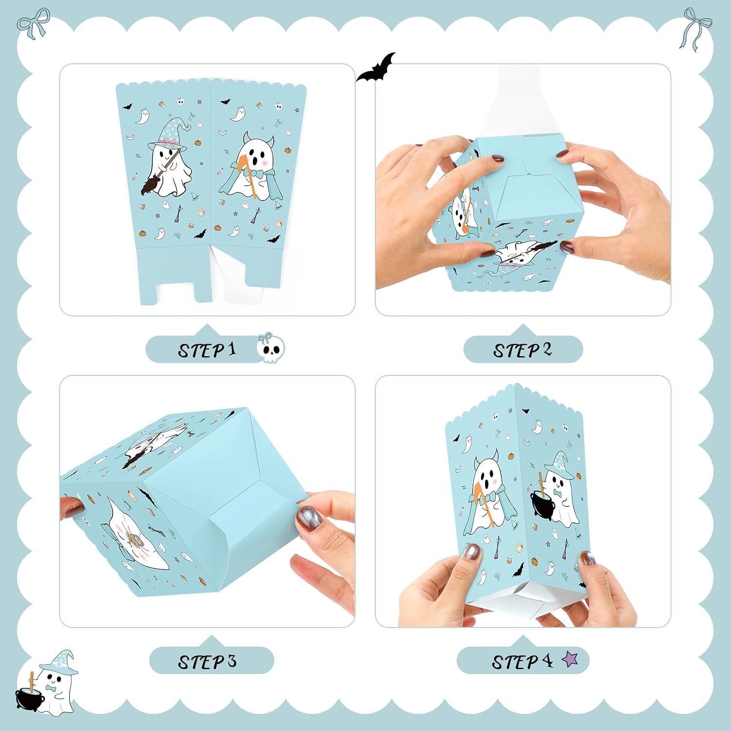 K KUMEED 24 PCS Halloween Popcorn Favor Boxes, Cute Ghost Popcorn Bowls, Blue
