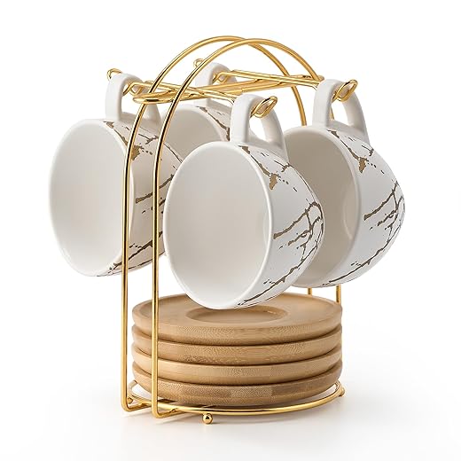LUKA Ceramic Demitasse Espresso Cups Set with Saucers and Metal Stand, 8 oz Porcelain Stackable Cappuccino Cups Teacup For Tea, Espresso, Latte, Coffee, Cafe Mocha, Set of 4, White