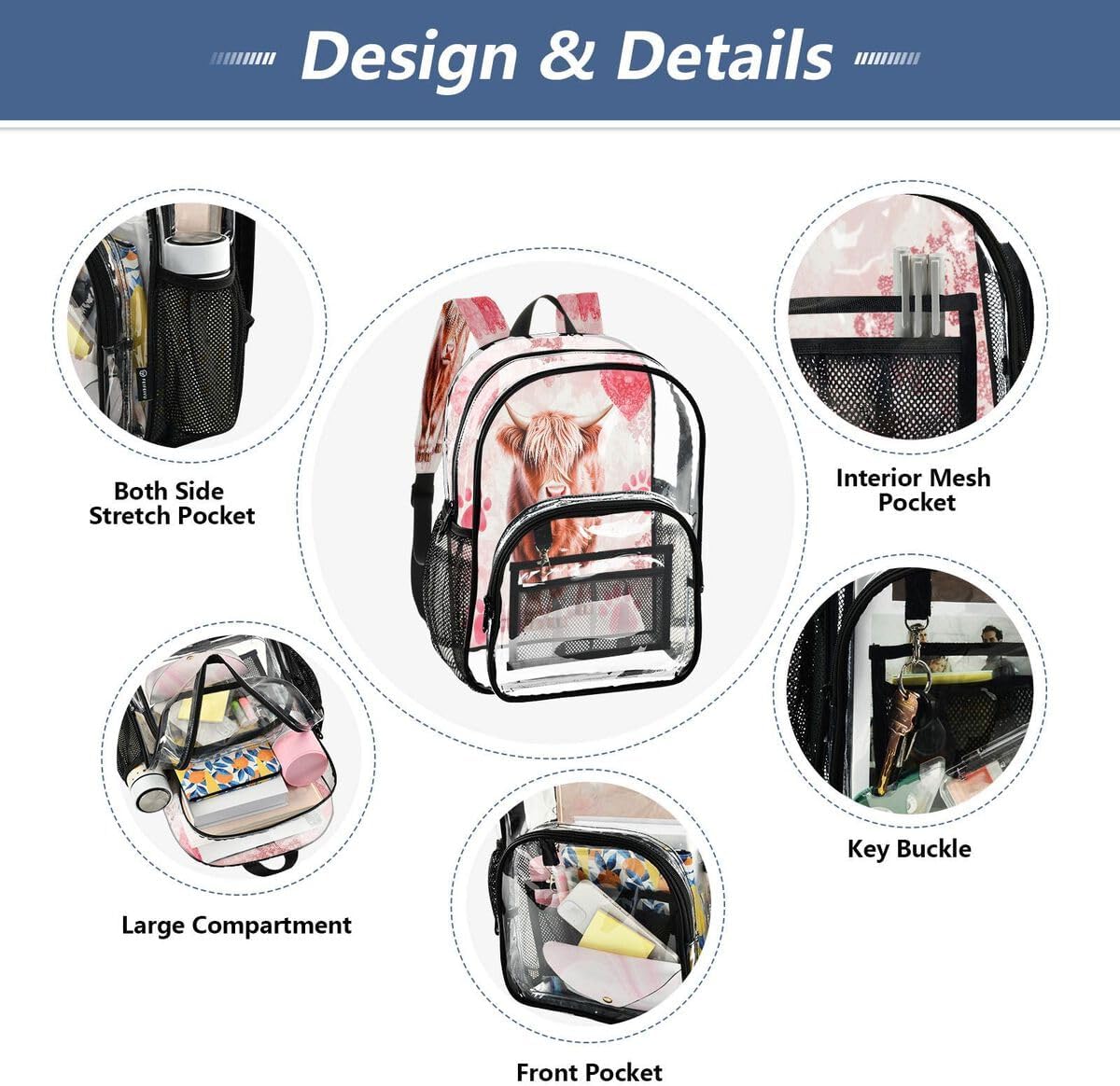 ALAZA Highlnd Cow Cattle Footprint Paw Print Clear Backpack PVC Transparent Bookbag Heavy Duty for Student Boy Girl Kids Adult School Travel Work - Image 5