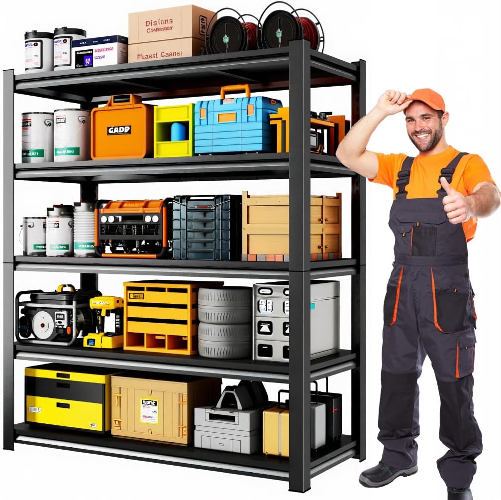 5-Tier Tall Storage Shelves, 2500 LBS Load Capacity, Adjustable Metal Garage Shelving Unit, 35.4" W x 13.8" D x 77.4" H, Multipurpose Rack for Basement & Workshop
