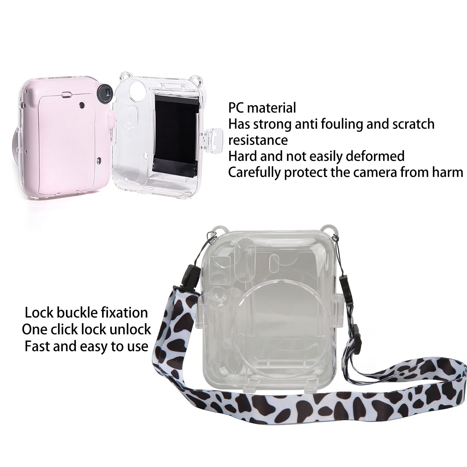 Yoidesu Protective Camera Case for Fujifilm Mini 12, Clear PC Hard Case with Photo Storage Compartment, Shoulder Strap, Sticker, Instant Camera Protective Cover (Milk Cow)