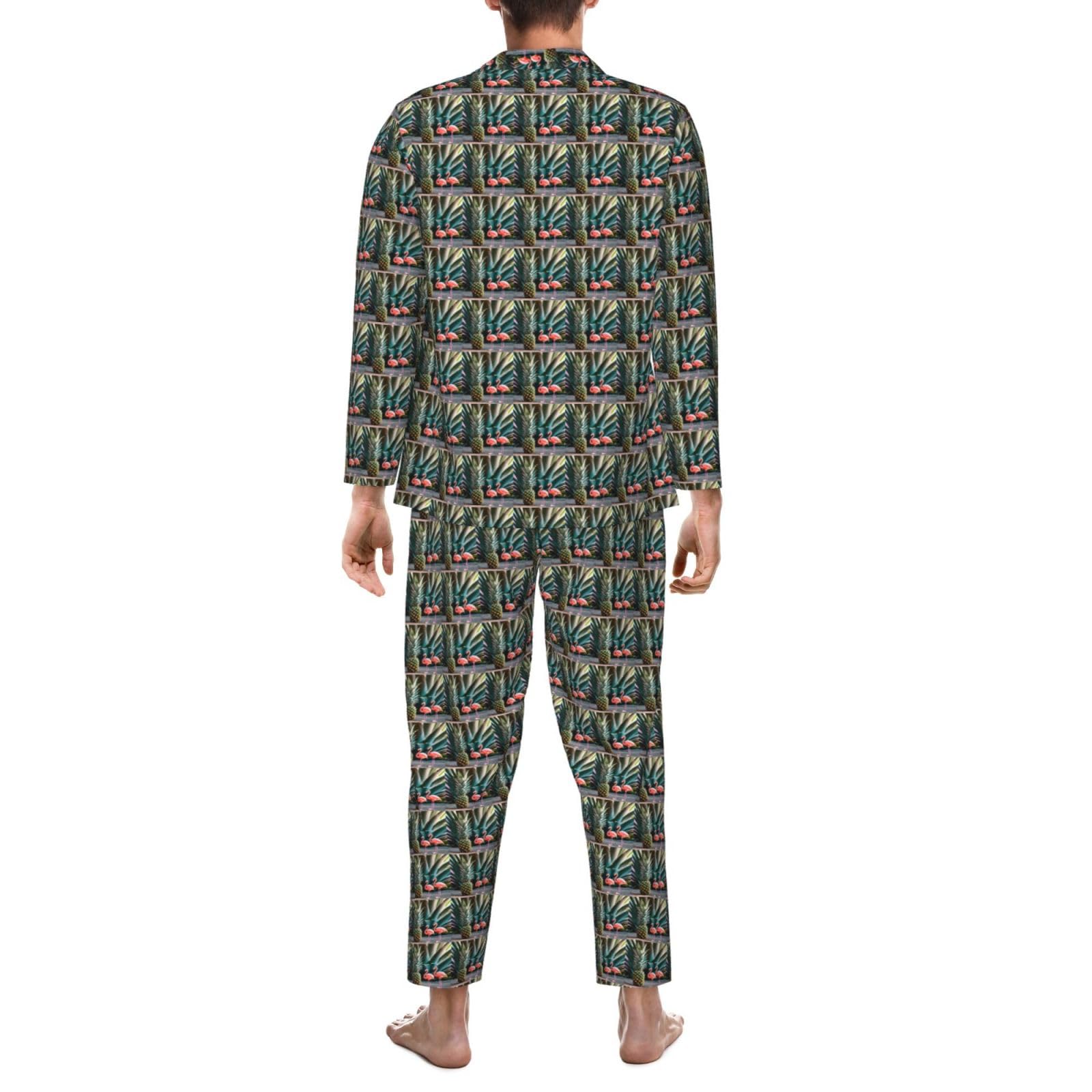 Herren-Pyjama-Set, langärmelig, Ananas-Flamingo-Druck, zweiteilig, Hauskleidung, bequeme Nachtwäsche, Nachtwäsche
