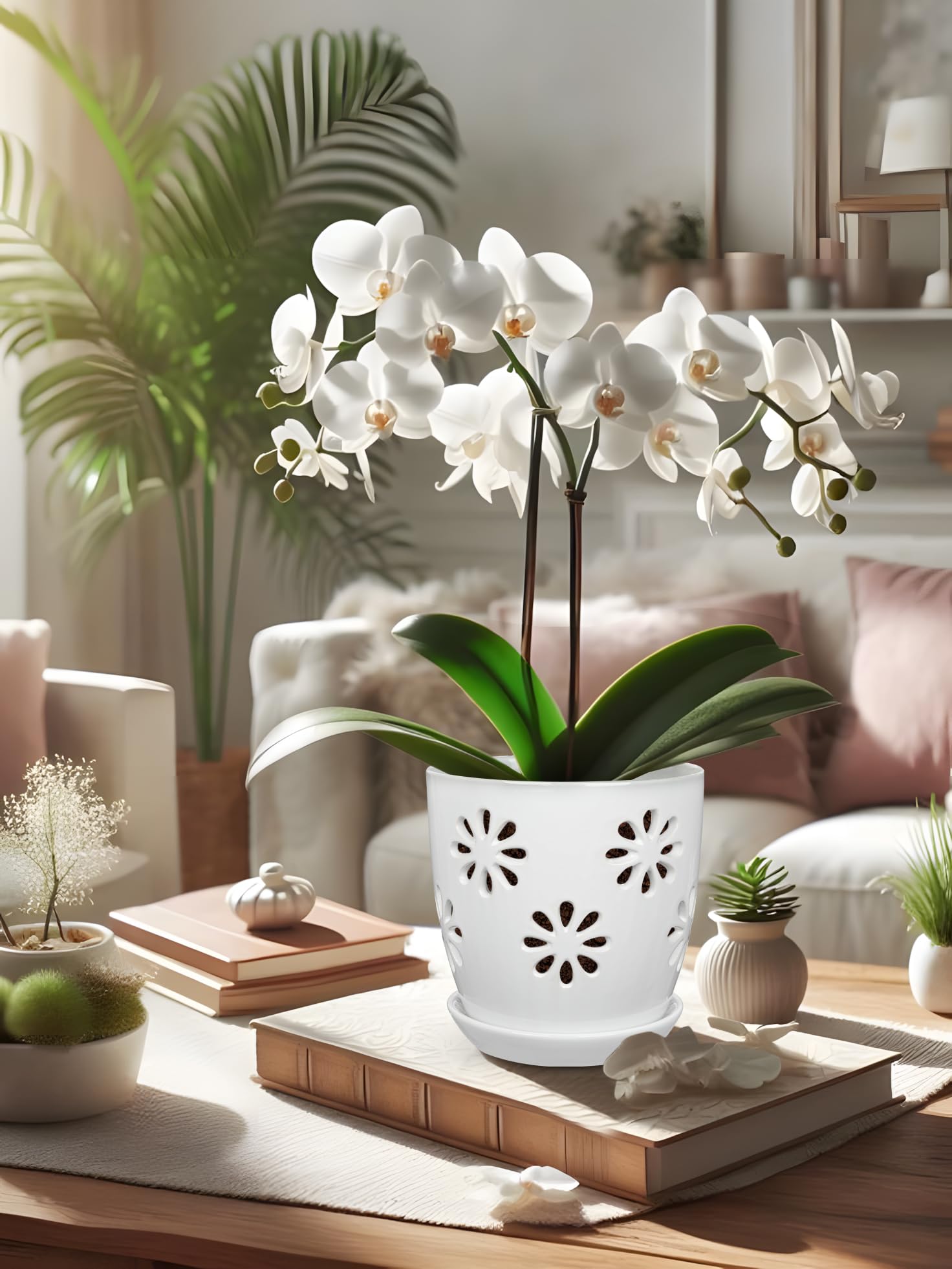 Oairse Pot de fleurs creux en céramique de 15 cm de diamètre avec trou de drainage et soucoupe - Pot en céramique pour plantes d'intérieur - Décoration rétro pour jardinières en plein air