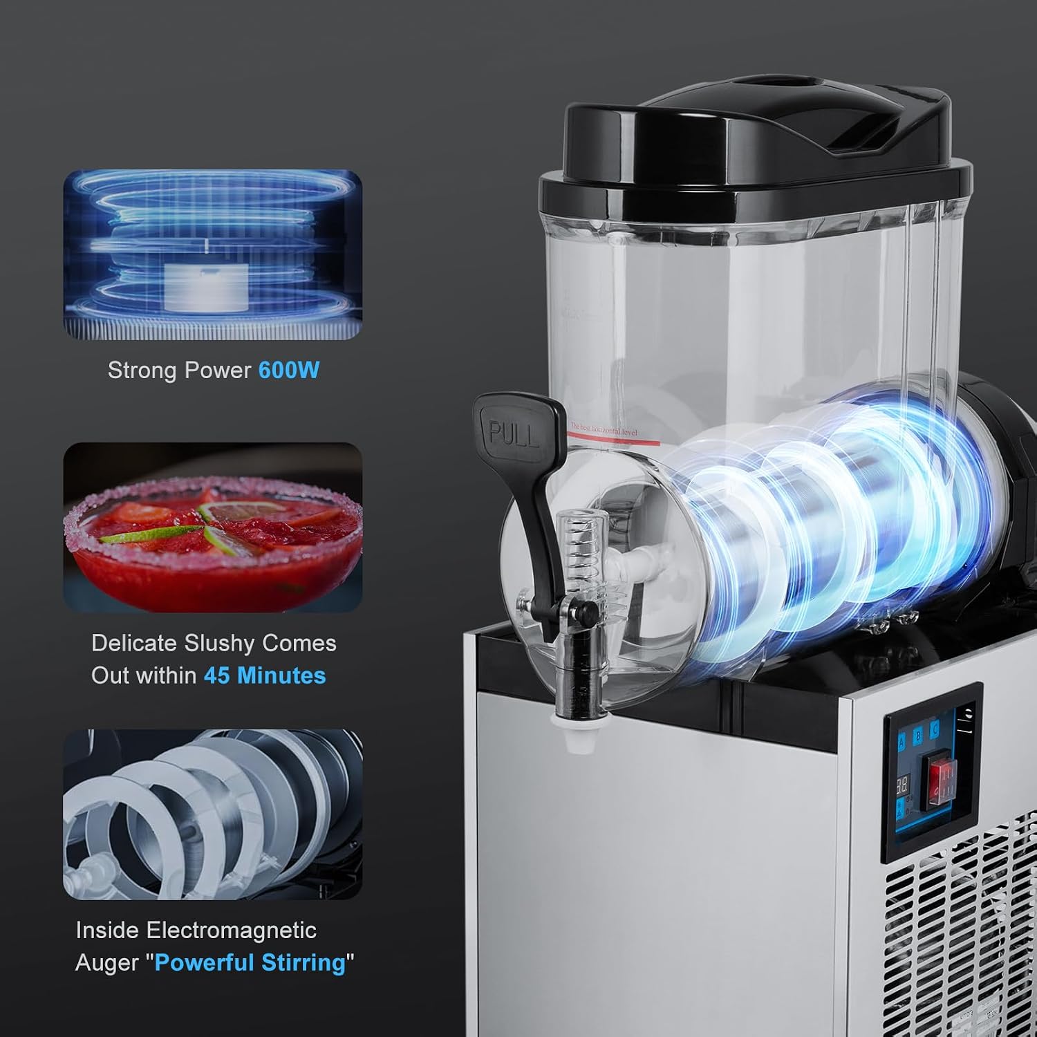 Close-up of the TECSPACE Slushy Machine control panel with buttons and digital display.