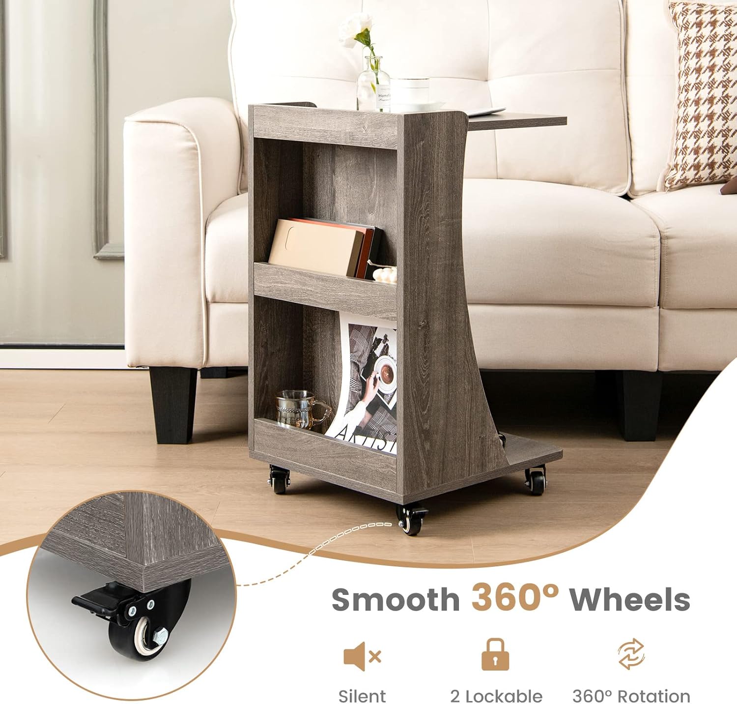 Tangkula C-Shaped End Table, Small Sofa/Couch Side Table Snack Table with 3-Tier Back Compartment, Wheels with Brakes, Modern Rolling Nightstand for Living Room, Bedroom, Small Space (1, Grey)