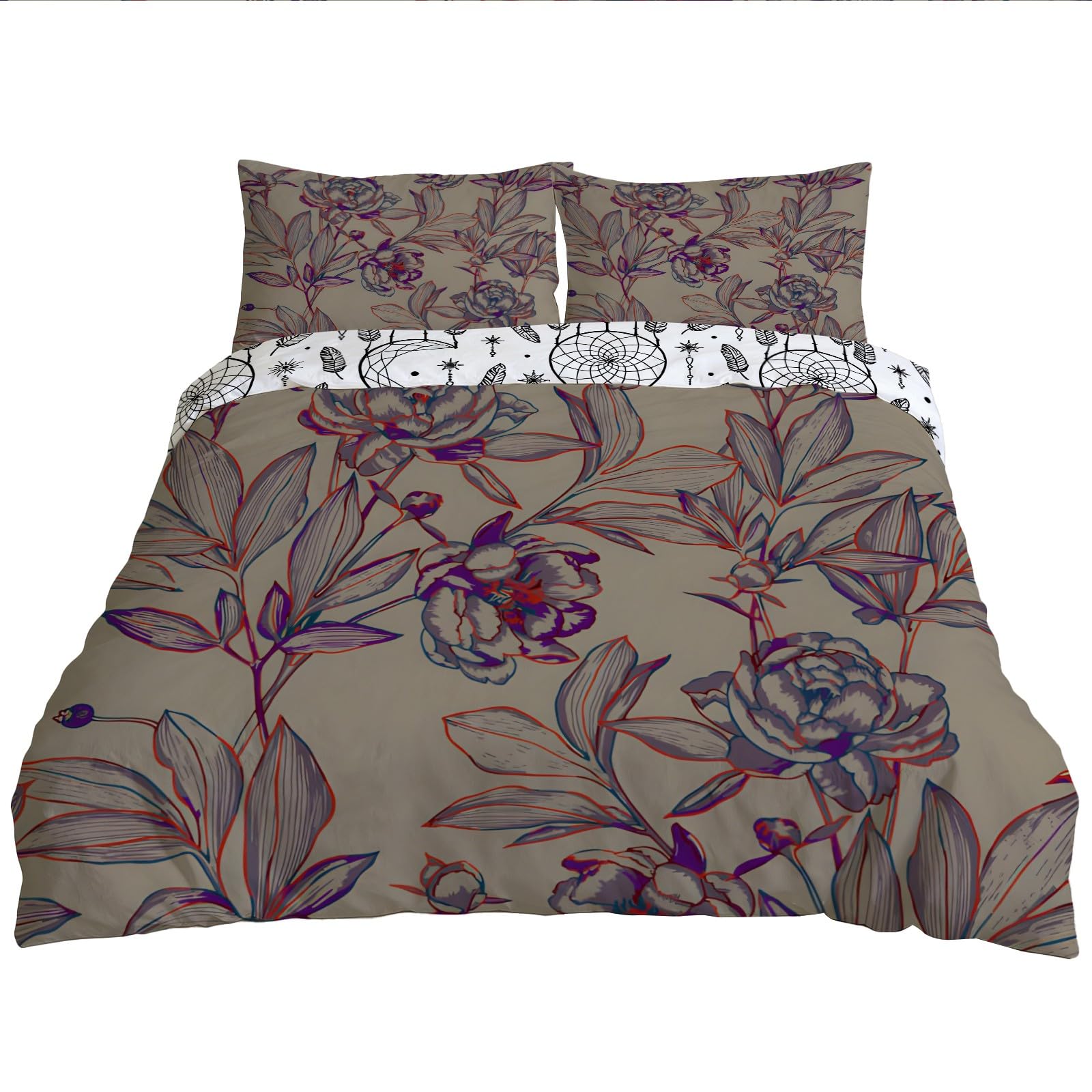 Housse de couette pivoines florales vintage rouge parure grand confort