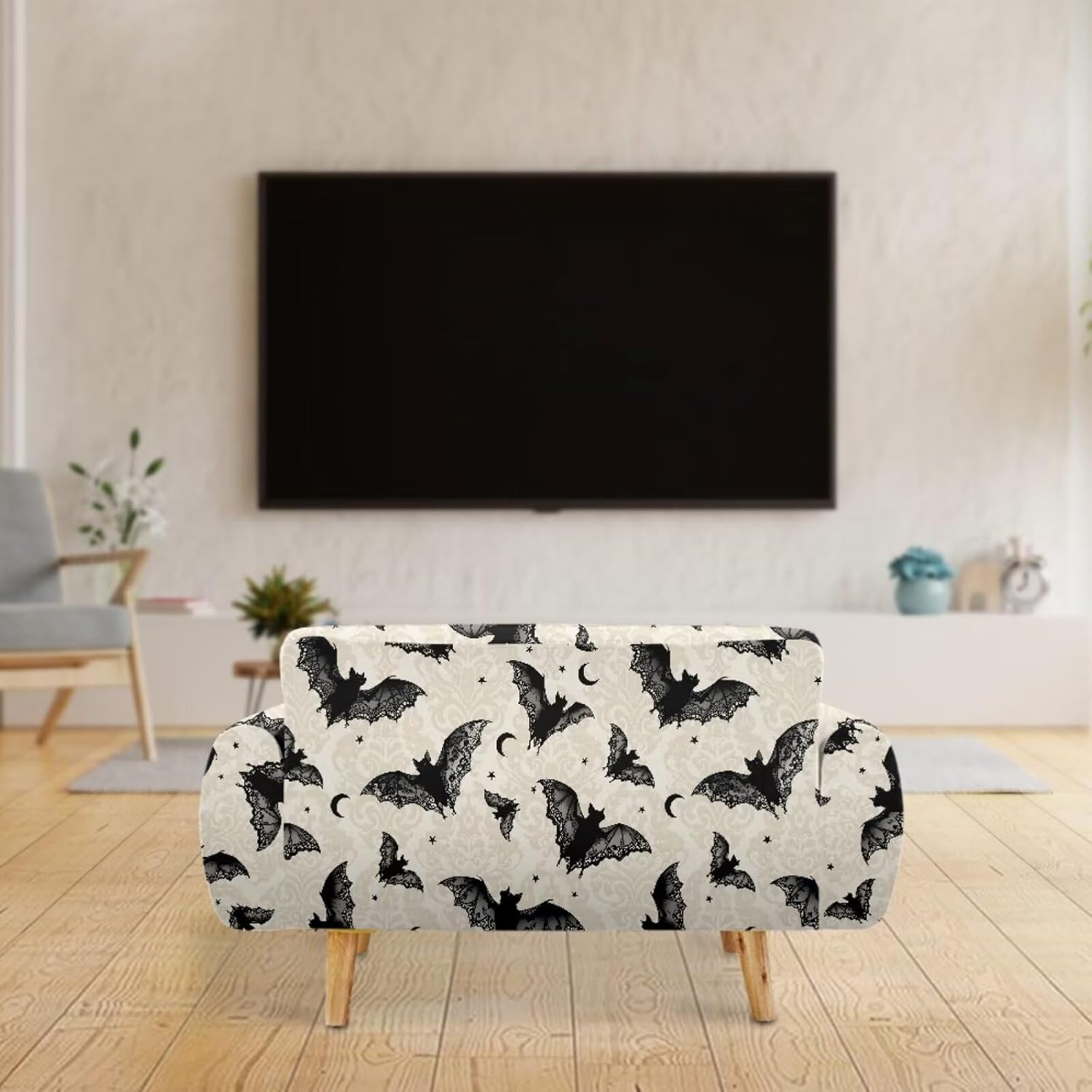 Bat Print Sofa Cover Breathable Dust-Proof Couch Cover Blanket for 3 Cushion Couch, Home Decorations for Halloween
