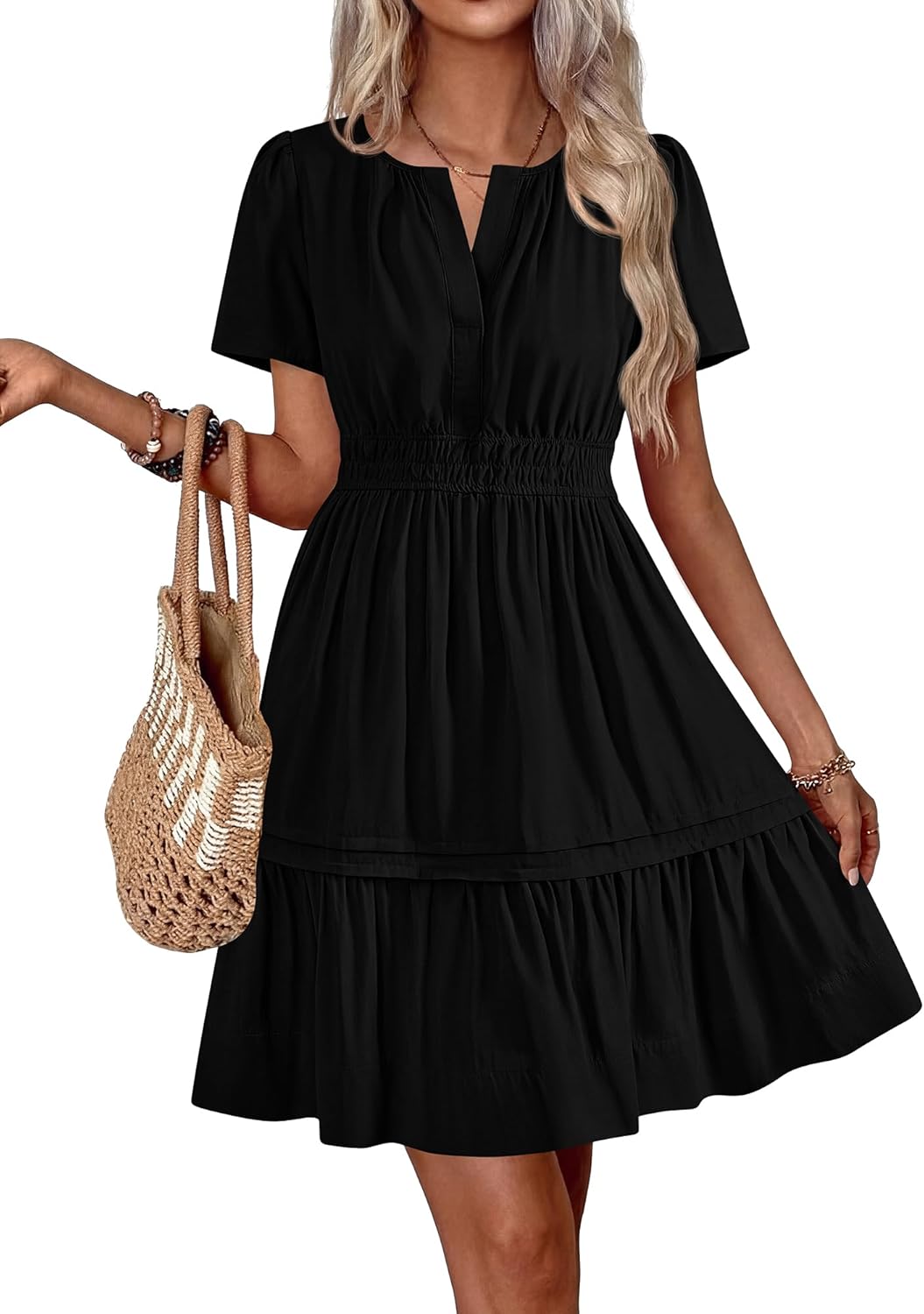 BTFBM Summer Dresses for Women 2026 Casual Boho Sundress Short Sleeve V Neck Ruffle A Line Beach Vacation Mini Dress
