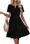 BTFBM Robes décontractées pour femmes 2026 Été Printemps V Col manches courtes Sundress Smocked Waist A Line Tiered Mini Robe
