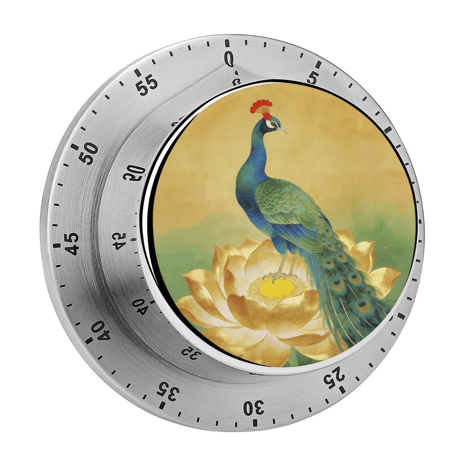 Peacock on Golden Lotus Timer Exquisite Stainless Steel Body Desk Visual Timer with Loud Alarm 60-Minute Mechanical Countdown Timers Magnetic Backing Cooking Kitchen Timers for Work