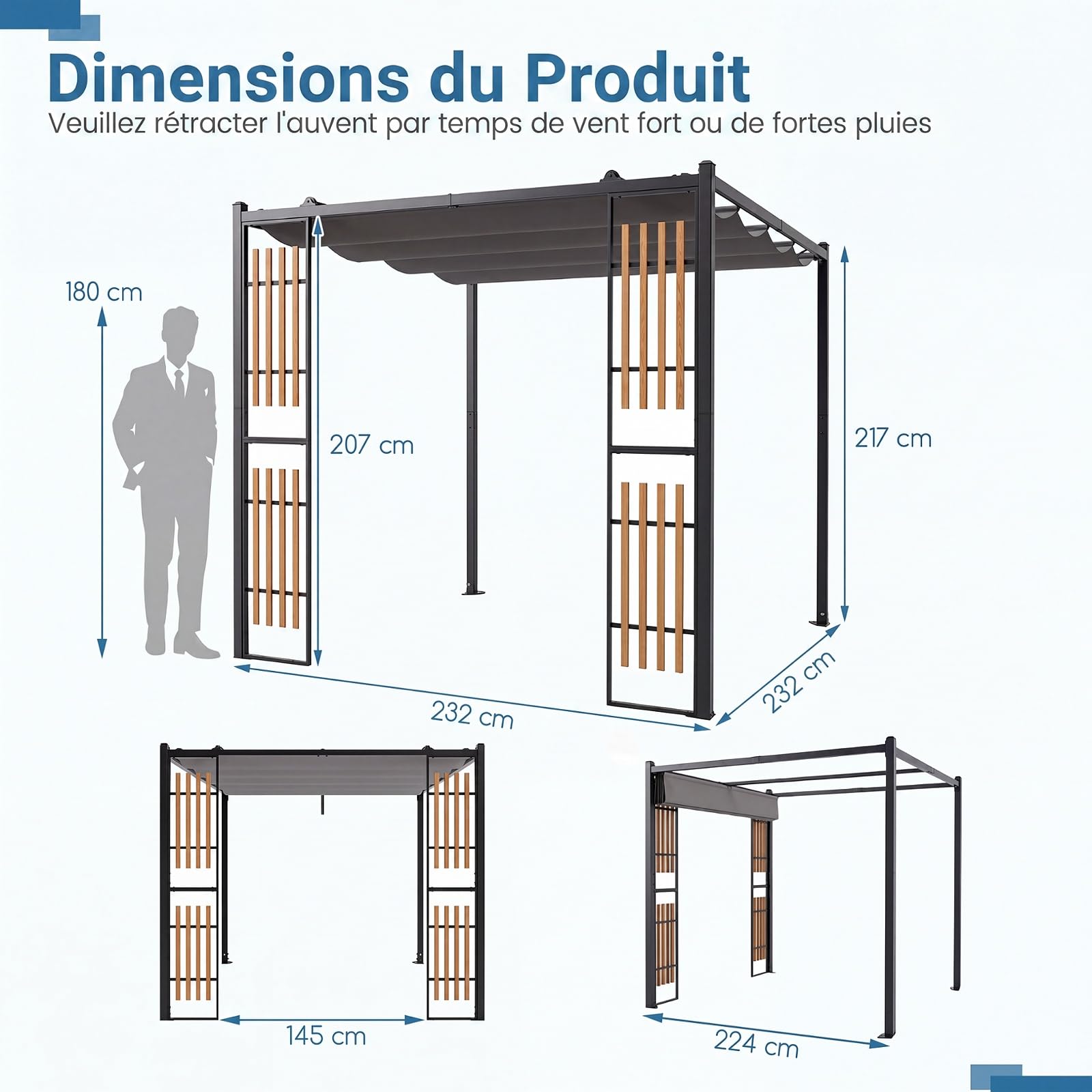 COSTWAY Pergola Tonnelle Jardin 2,3x2,3M, pour Terrasse Extérieure, Gris (sans Étagères)