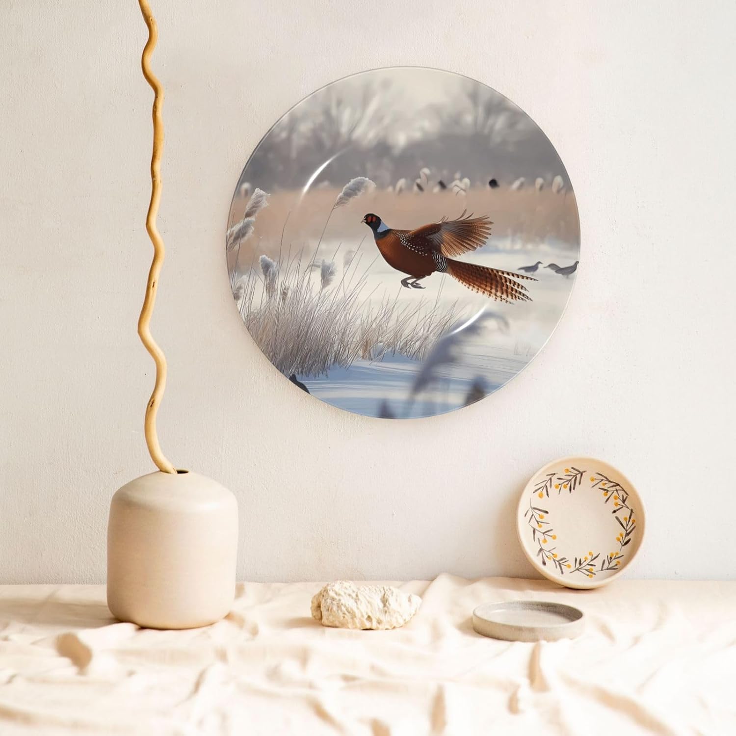 White Pheasant Style Ceramic Plate Display Home Display With Stand Wall Hanging Plate For Home Decor 10 Inch