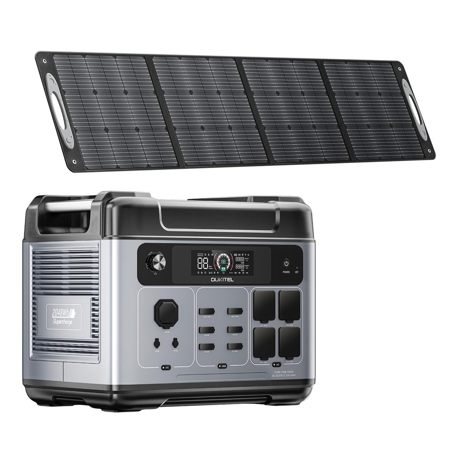 OUKITEL P2001Plus Centrale Elettrica Portatile con Pannello 200W, Generatore Solare Batteria LiFePO4 2048Wh, CA 2400W (4800W Picco), Ricarica Rapida, Stazione di Energia Portatile per Casa Campeggio