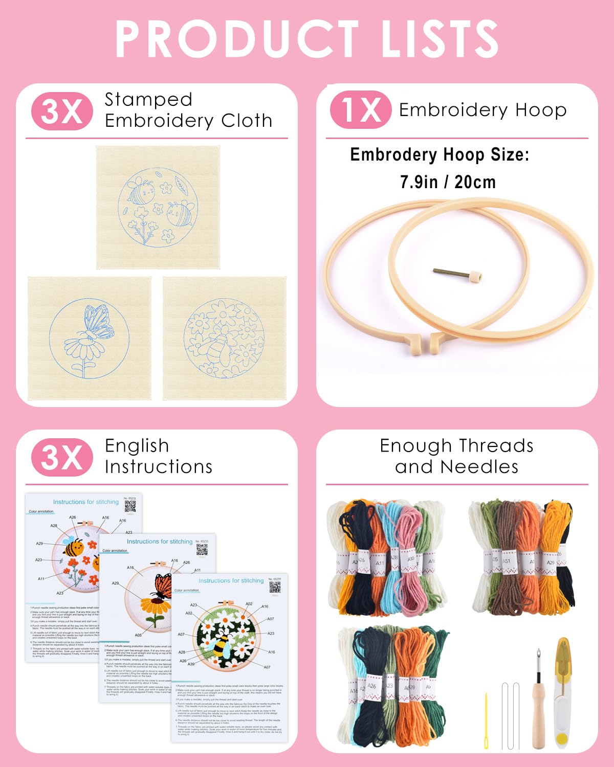 TINDTOP 3 Sets Punch Needle Kits, Flowers Punch Embroidery Kits for Adults Beginner, Tool with Punch Needle Fabric, Hoops, Yarns and Sewing Needles