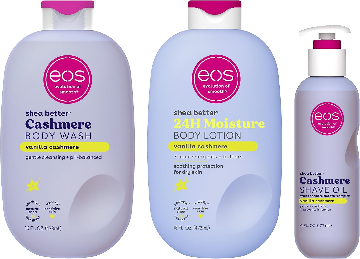 eos Shower Essentials Bundle- Body Lotion, Body Wash, Shave Oil - Vanilla Cashmere
