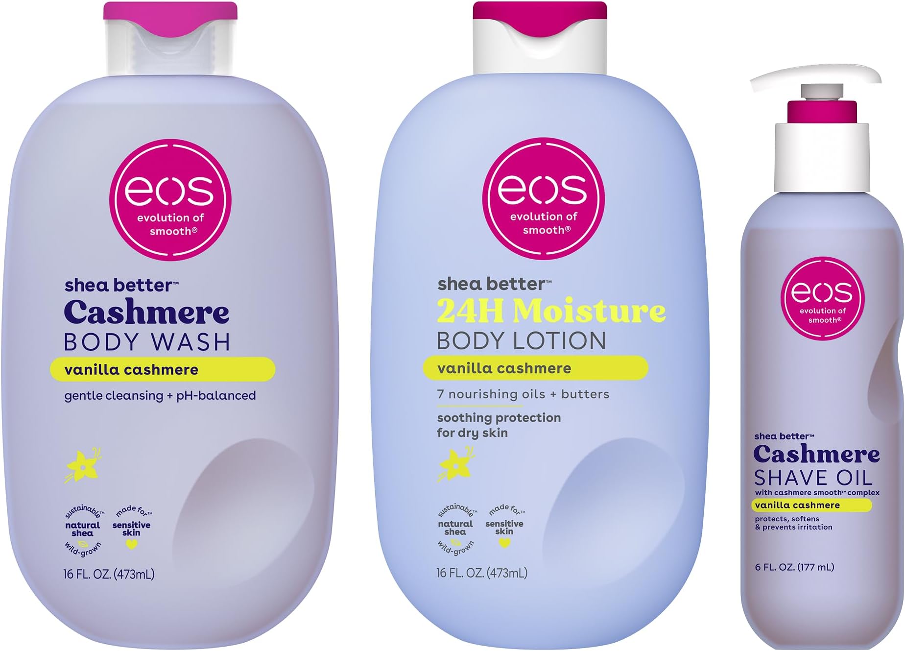 eos Shower Essentials Bundle- Body Lotion, Body Wash, Shave Oil - Vanilla Cashmere