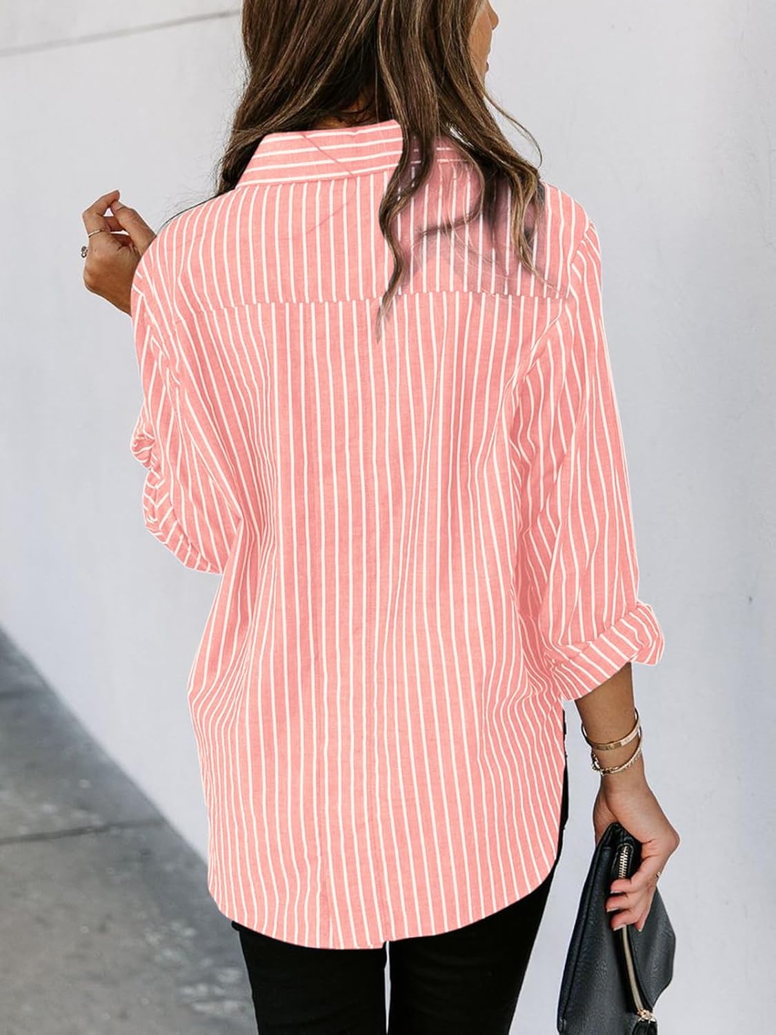 Womens Button Down Shirts Cotton Striped Dress Shirt Long Sleeve Collared Office Work Pinstripes Blouses Tops - Image 2