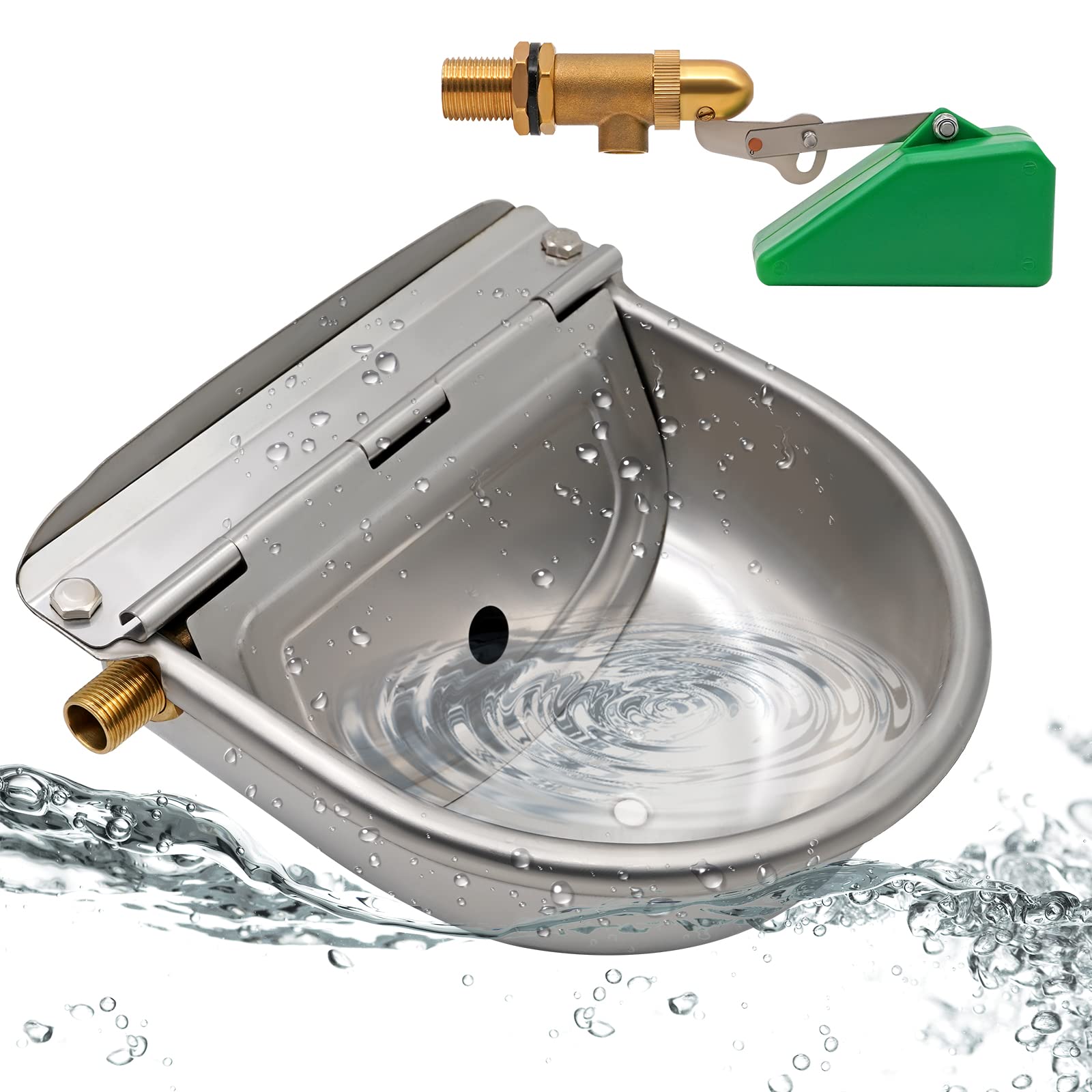 Bebedero de Acero Inoxidable con Tapón de Drenaje, Cuenco de Agua Automático con 2 Piezas de Latón Ajustable Válvula de Flotador para el Ganado de Caballos Perros Cabras Ovejas Cerdos