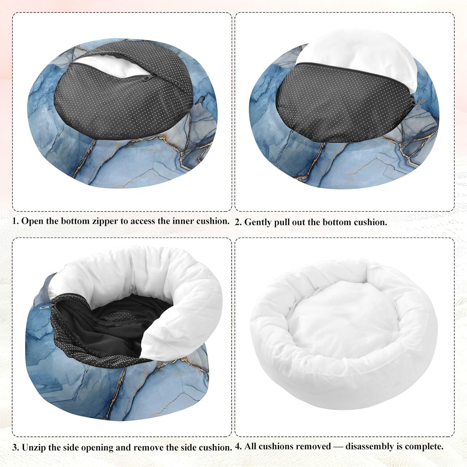Marble Royal Blue Gray Pet Dog Bed Calming Anti Anxiety Cat Pillow Bed for Small Size Pets Sleeping M