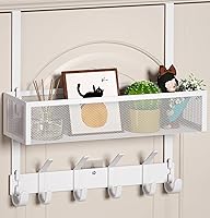 Vista 13 de Organizador de ganchos ajustables para colgar sobre la puerta, perchero con 2 cestas de malla y 10 ganchos, organizador de almacenamiento trasero