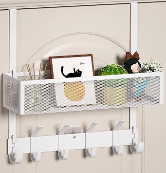 Over The Door Hooks Organizer, Over The Door Towel Rack with Mesh Basket and 10 Coat Hooks, Bathroom Door Organizer Back of Door Hanger Organizer for Bedroom, KitchenWhite