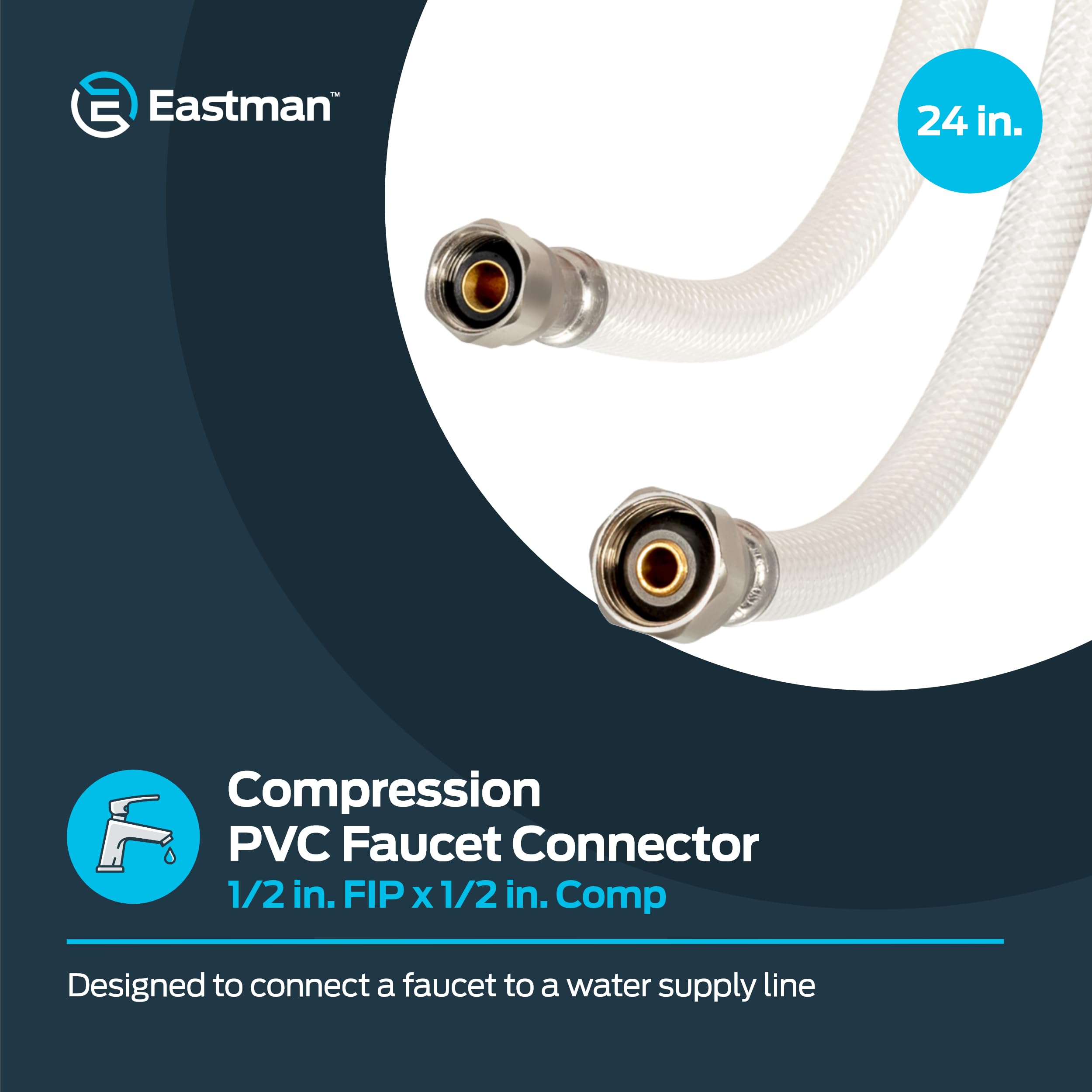 Eastman 48155 PVC Faucet Connector – 1/2" Comp X 1/2" FIP, 24 Inch, White – Braided Nylon, Lead-Free