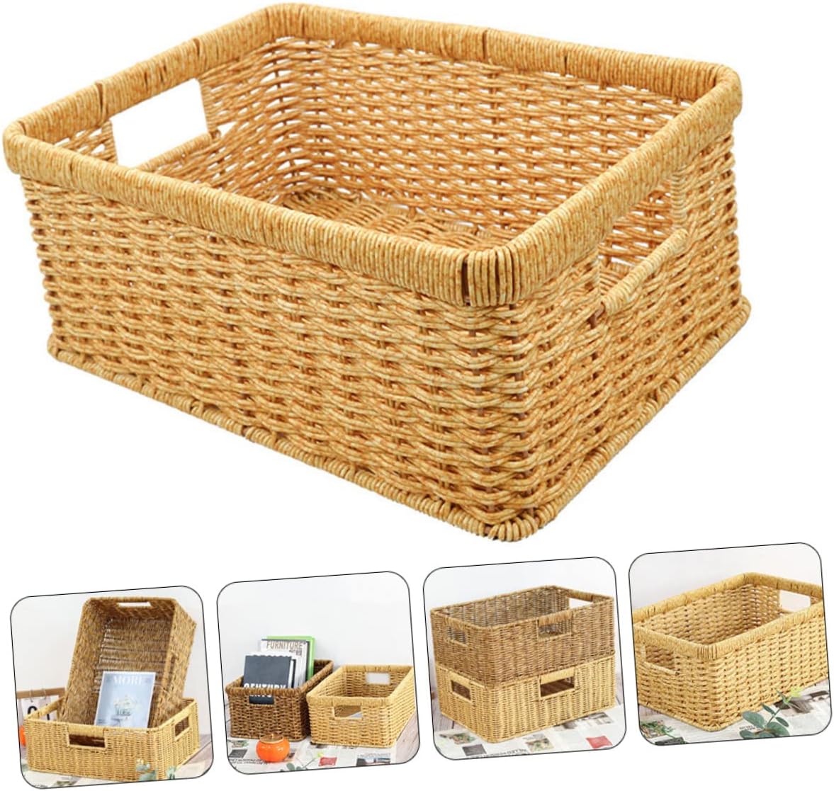 KOMBIUDA Hollow Handle Woven Storage Basket for Sundries Imitation Rattan Design Material for Desktop Snack and Cosmetic Organization