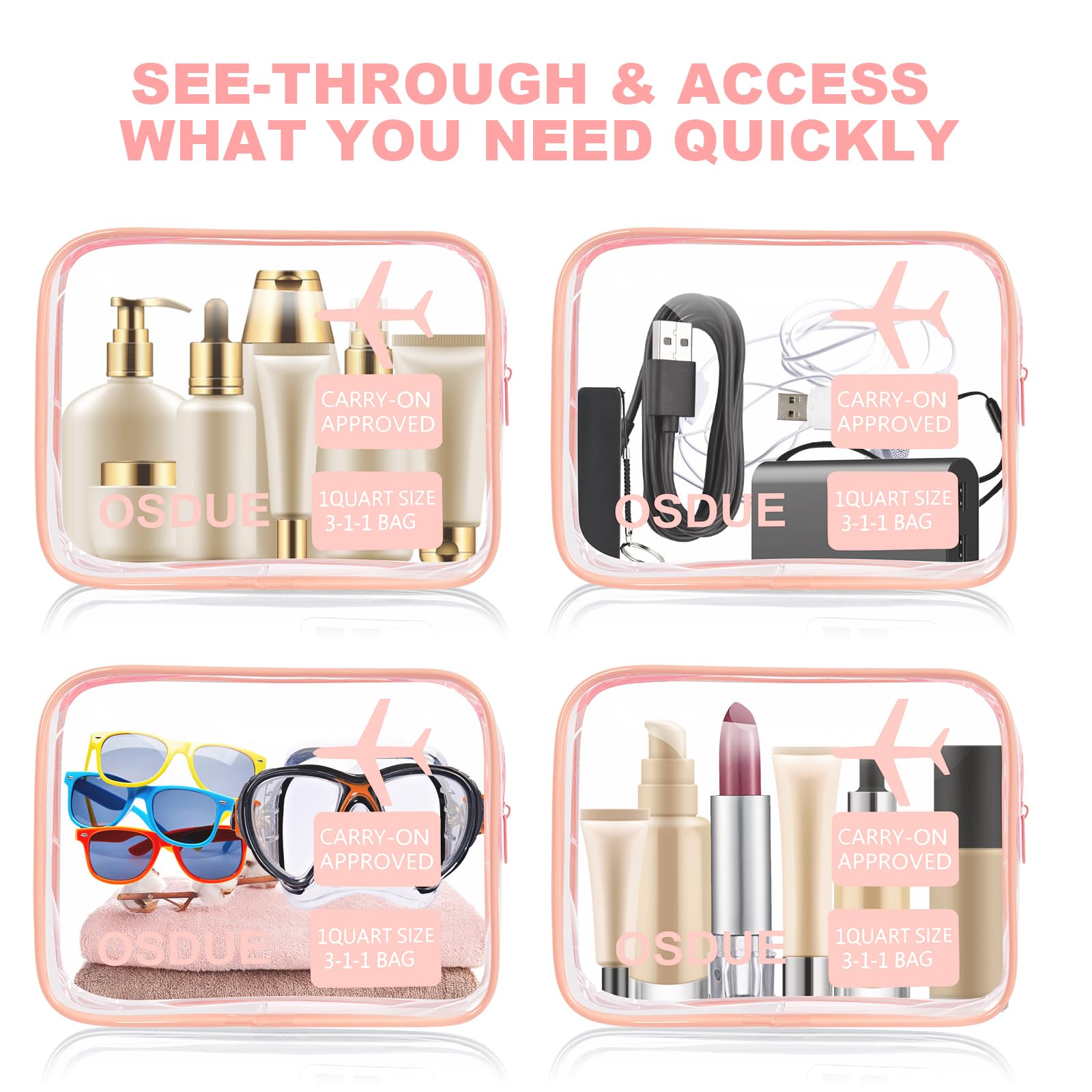 OSDUE Trousse de Toilette Transparente, 2 Pièces Kit Voyage Avion, PVC Étanche Trousse de Toilette Voyage pour Homme et Femme Sac de Rangment Avion Transparente Maquillage, Rose - 5