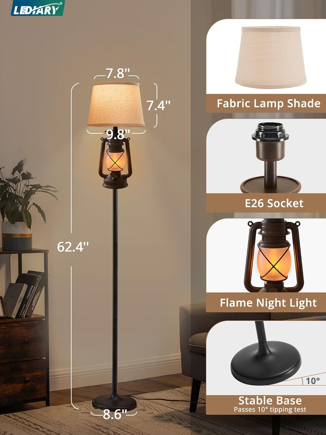 LEDIARY LED Flashing Flame Night Lantern Farmhouse Floor Lamp for Living Room, Rustic Standing Lamp with Beige Linen Drum Lampshade, Lantern Floor Lamps for Bedroom Home Decor