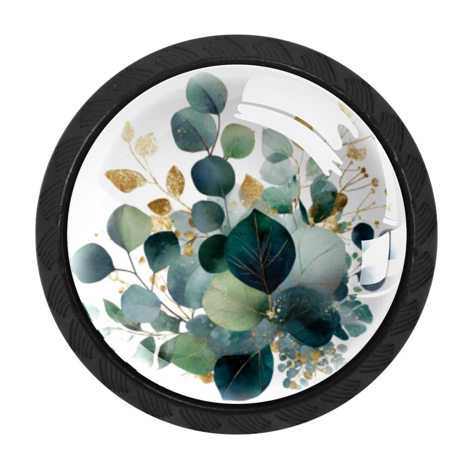 CHENZZZZ 4 Pack Cabinet Knobs Black Drawer Knobs Round Kitchen Cabinet Knobs Green and Gold Leaf Branches (9) Cabinet Handles Hardware Dresser Knobs and Pulls for Bathroom Cabinets