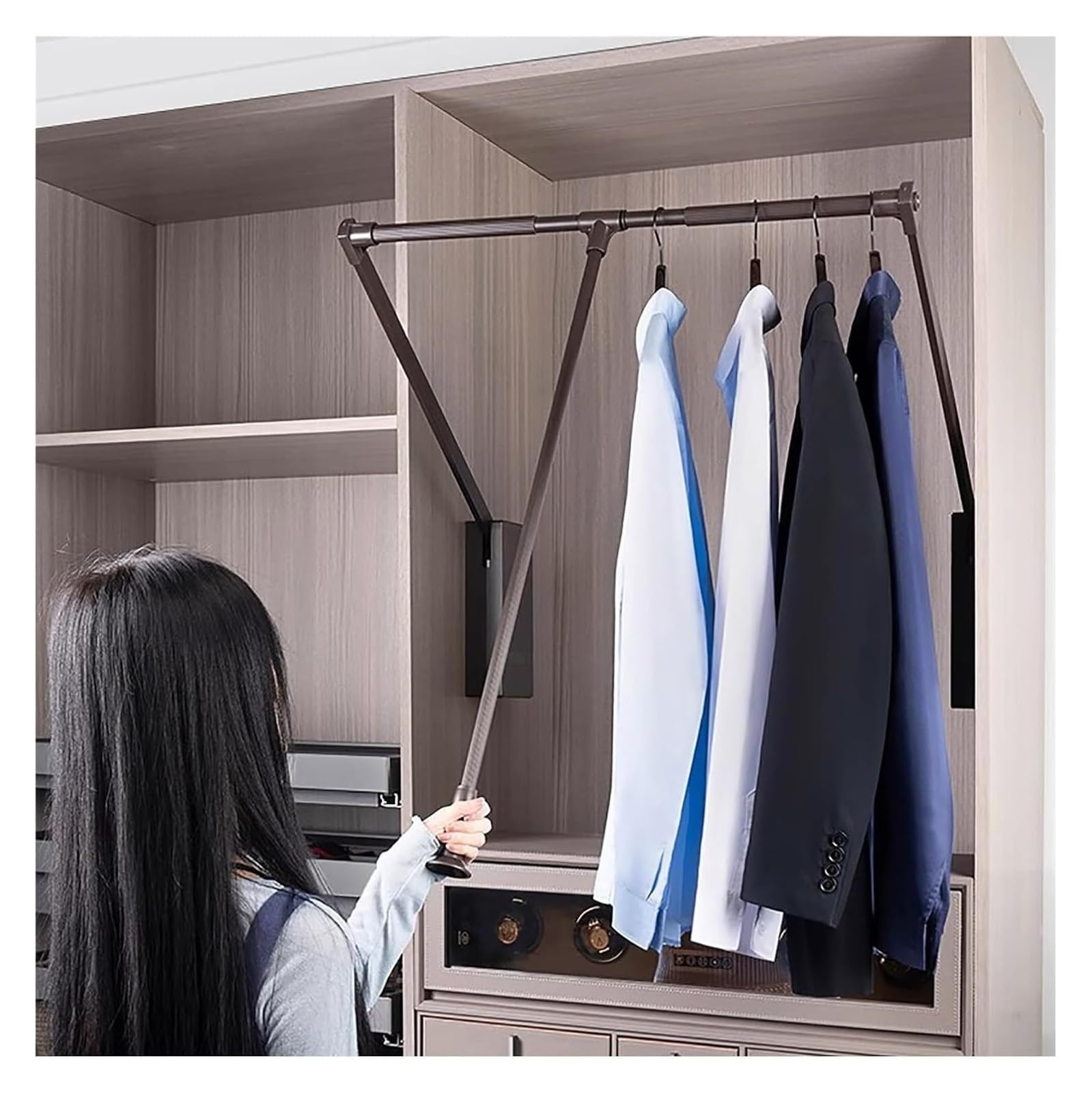 Ertsrhfd Bruin Wall Mounted Pull Down Closet Rods For Hanging Clothes, Metal Wardrobe Rail(Cabinet Width: 89 121Cm)